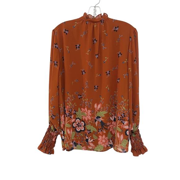 Anthropologie Womens Floral Chiffon Top Large Burnt Orange Floral Long Sleeve - Picture 6 of 13